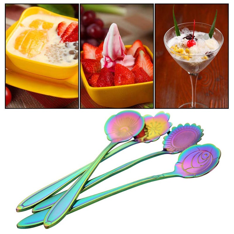 AnSaw 8 Pc Rainbow Flower Spoon Set, Stainless Steel Reusable Tea Scoops Stirring Coffee Mixing Sugar Dessert Cake Ice Cream Spoons, 4.9 Inch - Image 4